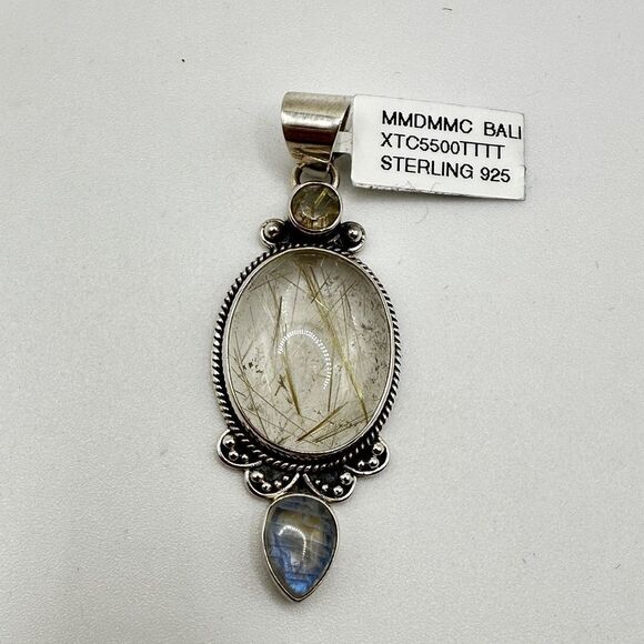 NWT Rutilated Quartz and Moonstone in solid sterling Bali silver pendant! - Picture 6 of 15